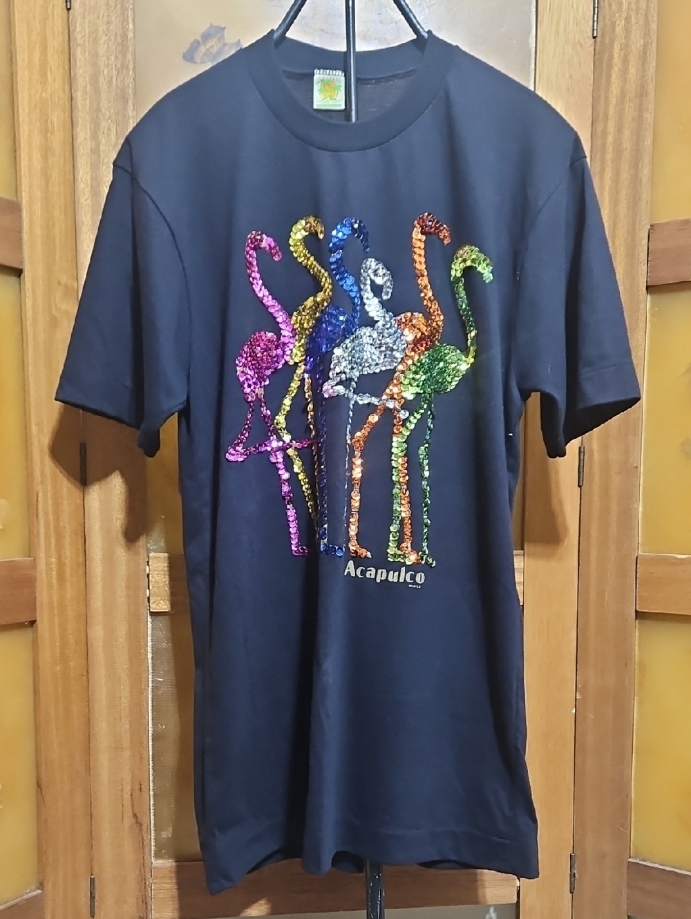 Vintage 90s Acapulco Sequined Flamingo T-Shirt Black Kitsch Retro XL